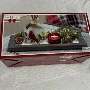 San Miguel Holly Berry Lighting Holiday tray handpainted diffuser & glass votive
